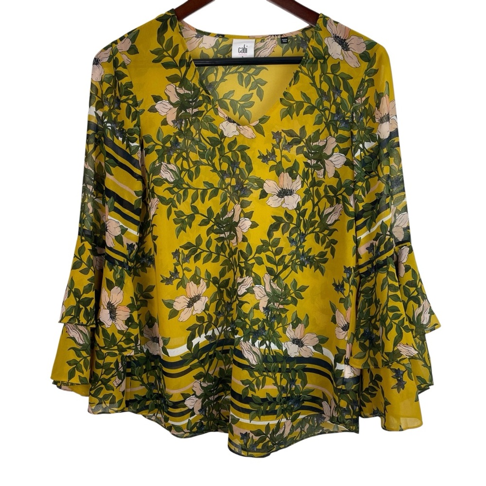 CAbi | Yellow Spring Scene Gilded Bell Sleeve Sheer Blouse